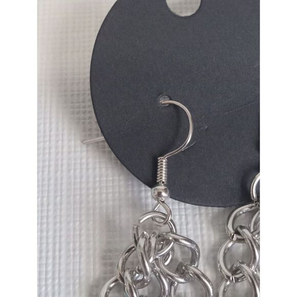 Silver Toned Metal Triple Strand Curb Link Chain Dangle Style Statement Earrings - Picture 4 of 8